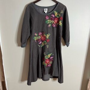 Ivy Jane Size Small Grey Balloon Sleeve Embroidered Micro Cord Boho Dress B6